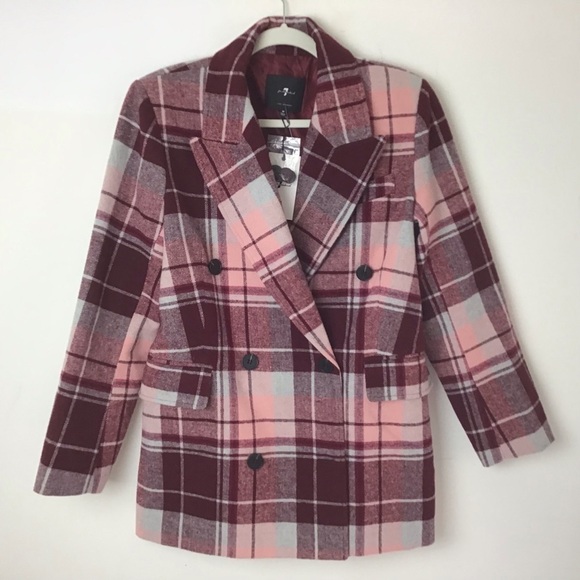 7 For All Mankind Double Breasted maroon/burgundy plaid wool blend blazer M NWT - Picture 9 of 12